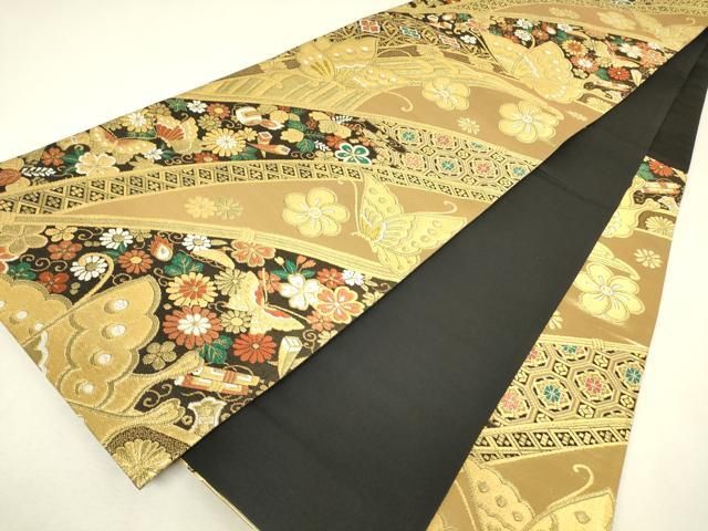 平和屋着物▼六通柄袋帯　舞蝶宝尽くし花文　金糸　正絹　逸品　DABK4511az