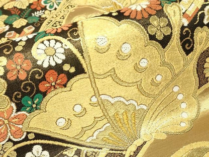 平和屋着物▼六通柄袋帯　舞蝶宝尽くし花文　金糸　正絹　逸品　DABK4511az