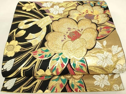 平和屋着物▼六通柄袋帯 束ね熨斗花文 黒地 金糸 正絹 逸品 DABK4526az