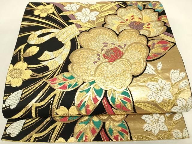 平和屋着物▼六通柄袋帯 束ね熨斗花文 黒地 金糸 正絹 逸品 DABK4526az
