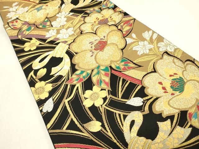 平和屋着物▼六通柄袋帯 束ね熨斗花文 黒地 金糸 正絹 逸品 DABK4526az