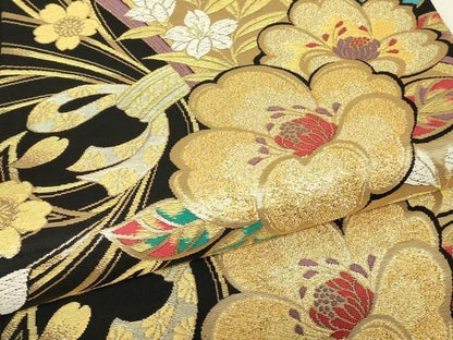 平和屋着物▼六通柄袋帯 束ね熨斗花文 黒地 金糸 正絹 逸品 DABK4526az