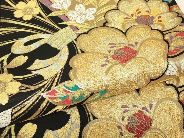 平和屋着物▼六通柄袋帯 束ね熨斗花文 黒地 金糸 正絹 逸品 DABK4526az