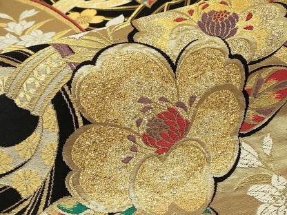 平和屋着物▼六通柄袋帯 束ね熨斗花文 黒地 金糸 正絹 逸品 DABK4526az