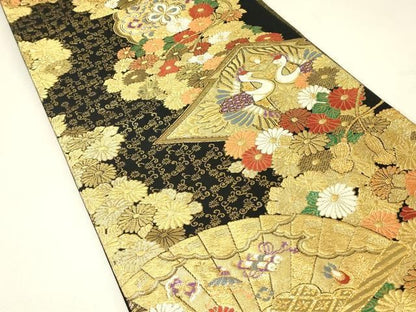 平和屋着物▼六通柄袋帯　正倉院向かい鳥花文　黒地　金糸　正絹　逸品　DABK4559az