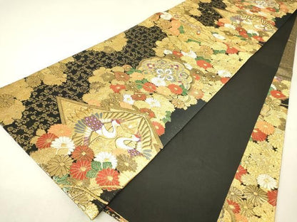 平和屋着物▼六通柄袋帯　正倉院向かい鳥花文　黒地　金糸　正絹　逸品　DABK4559az