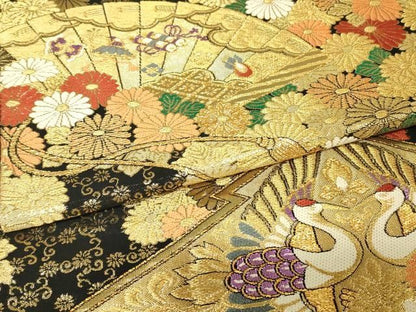 平和屋着物▼六通柄袋帯　正倉院向かい鳥花文　黒地　金糸　正絹　逸品　DABK4559az