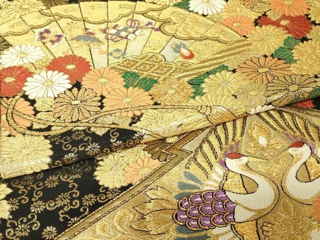 平和屋着物▼六通柄袋帯　正倉院向かい鳥花文　黒地　金糸　正絹　逸品　DABK4559az