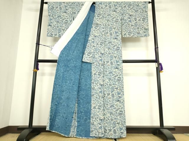平和屋着物▽藍染師　大澤澤蔵　小紋　単衣　型染　流水花鳥文　正絹　逸品　DABK4661az
