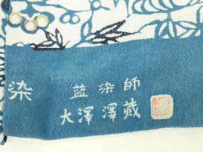 平和屋着物▽藍染師　大澤澤蔵　小紋　単衣　型染　流水花鳥文　正絹　逸品　DABK4661az