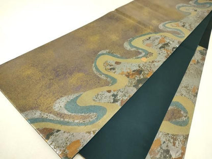 平和屋着物▼螺鈿作家　藤本隆士　袋帯　螺鈿　霞文　金彩　引箔　正絹　逸品　DABK4681az