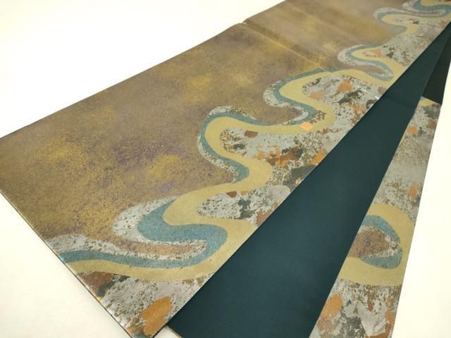 平和屋着物▼螺鈿作家　藤本隆士　袋帯　螺鈿　霞文　金彩　引箔　正絹　逸品　DABK4681az