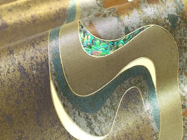 平和屋着物▼螺鈿作家　藤本隆士　袋帯　螺鈿　霞文　金彩　引箔　正絹　逸品　DABK4681az