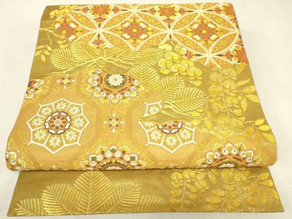 平和屋着物▼六通柄袋帯　正倉院蜀江七宝花文　金糸　引箔　正絹　逸品　DABK4683az