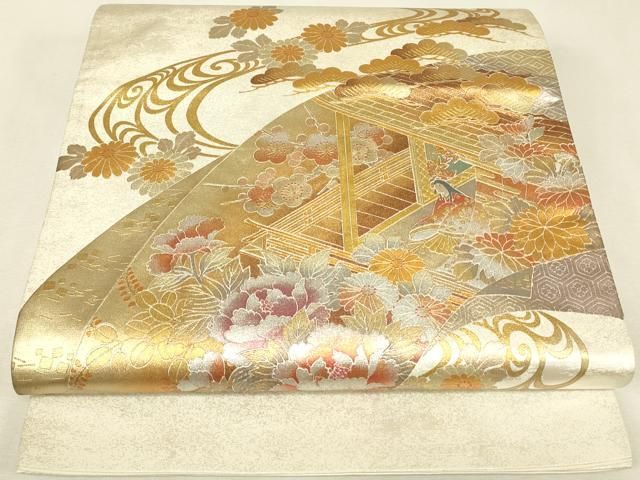 平和屋着物●金彩友禅　卓越技能者・名工・和田光正　六通柄袋帯　地紙重ね人物牡丹文　金銀彩　正絹　逸品　DABK4684az