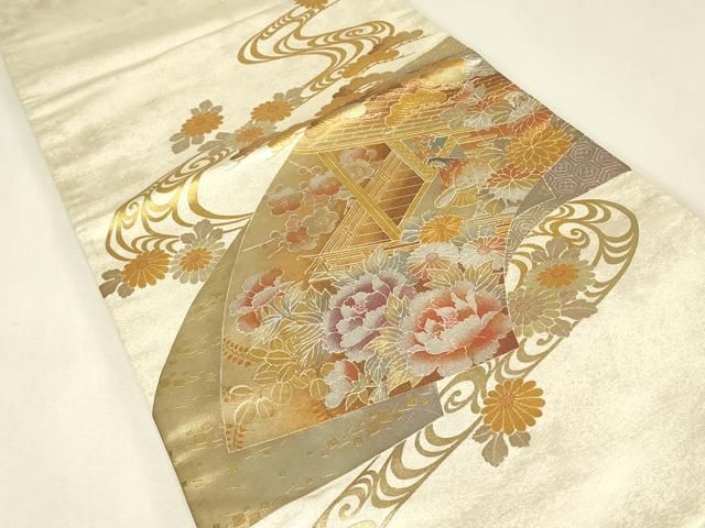 平和屋着物●金彩友禅　卓越技能者・名工・和田光正　六通柄袋帯　地紙重ね人物牡丹文　金銀彩　正絹　逸品　DABK4684az