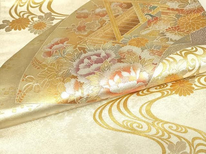 平和屋着物●金彩友禅　卓越技能者・名工・和田光正　六通柄袋帯　地紙重ね人物牡丹文　金銀彩　正絹　逸品　DABK4684az