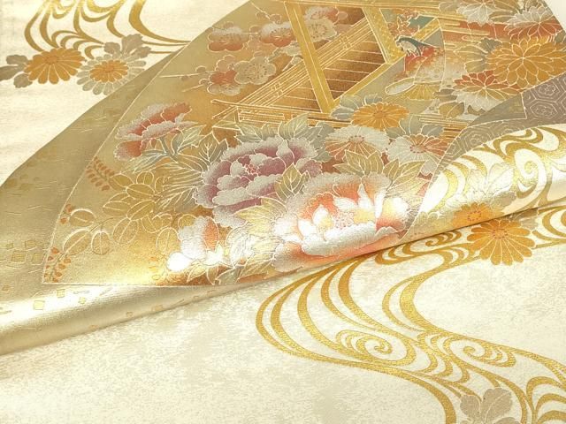 平和屋着物●金彩友禅　卓越技能者・名工・和田光正　六通柄袋帯　地紙重ね人物牡丹文　金銀彩　正絹　逸品　DABK4684az