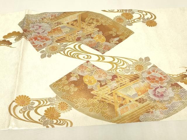 平和屋着物●金彩友禅　卓越技能者・名工・和田光正　六通柄袋帯　地紙重ね人物牡丹文　金銀彩　正絹　逸品　DABK4684az