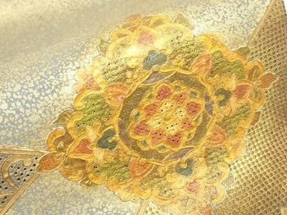 平和屋着物▼中国三大刺繍　スワトウ刺繍　汕頭刺繍　太鼓柄袋帯　正倉院更紗花文　金彩　正絹　逸品　DABK4697az