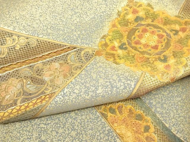 平和屋着物▼中国三大刺繍　スワトウ刺繍　汕頭刺繍　太鼓柄袋帯　正倉院更紗花文　金彩　正絹　逸品　DABK4697az
