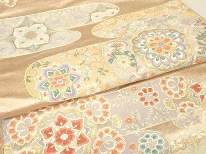 平和屋着物▼六通柄袋帯　唐織　霞取り正倉院花文　金銀糸　正絹　逸品　DABK4703az