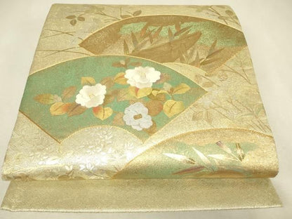 平和屋着物▼太鼓柄袋帯　駒刺繍　地紙花文　金銀彩　正絹　逸品　DABK4706az