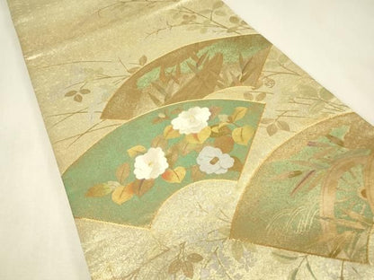 平和屋着物▼太鼓柄袋帯　駒刺繍　地紙花文　金銀彩　正絹　逸品　DABK4706az