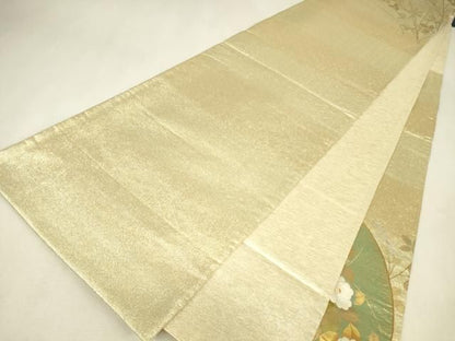 平和屋着物▼太鼓柄袋帯　駒刺繍　地紙花文　金銀彩　正絹　逸品　DABK4706az