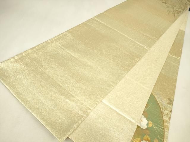 平和屋着物▼太鼓柄袋帯　駒刺繍　地紙花文　金銀彩　正絹　逸品　DABK4706az