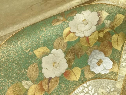 平和屋着物▼太鼓柄袋帯　駒刺繍　地紙花文　金銀彩　正絹　逸品　DABK4706az