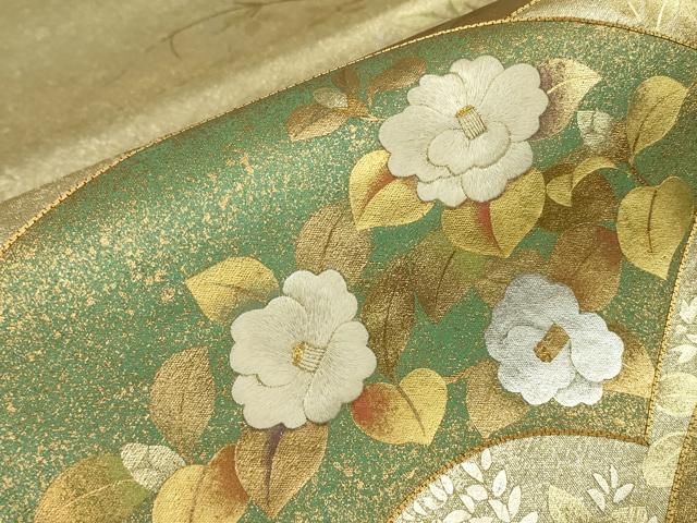 平和屋着物▼太鼓柄袋帯　駒刺繍　地紙花文　金銀彩　正絹　逸品　DABK4706az
