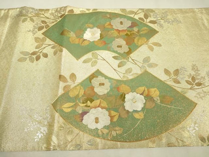 平和屋着物▼太鼓柄袋帯　駒刺繍　地紙花文　金銀彩　正絹　逸品　DABK4706az