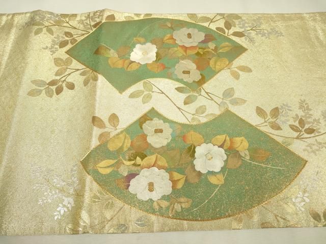 平和屋着物▼太鼓柄袋帯　駒刺繍　地紙花文　金銀彩　正絹　逸品　DABK4706az