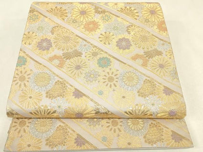平和屋本店▼六通柄袋帯　本金箔　斜線花文　金糸　正絹　逸品　DABK4752az