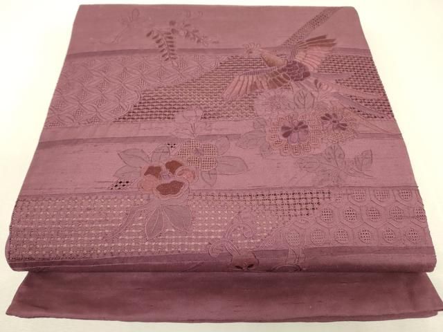 平和屋着物●中国三大刺繍　スワトウ刺繍　汕頭刺繍　総刺繍　太鼓柄袋帯　紬地　鳳凰花文　暗紅色　正絹　逸品　DABK4835az