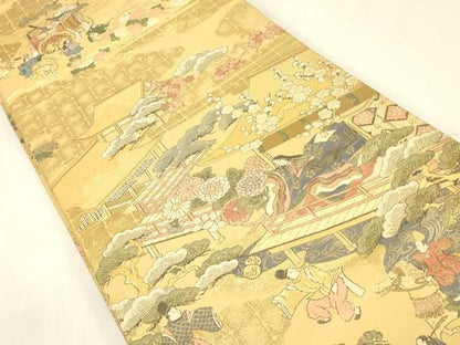 平和屋本店▼西陣　岡文織物謹製　本金箔　全通丸帯　平安絵巻集成　証紙付き　正絹　逸品　DABK4839az