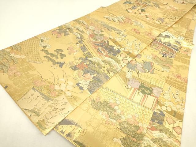 平和屋本店▼西陣　岡文織物謹製　本金箔　全通丸帯　平安絵巻集成　証紙付き　正絹　逸品　DABK4839az