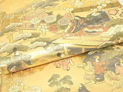 平和屋本店▼西陣　岡文織物謹製　本金箔　全通丸帯　平安絵巻集成　証紙付き　正絹　逸品　DABK4839az