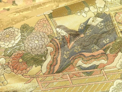 平和屋本店▼西陣　岡文織物謹製　本金箔　全通丸帯　平安絵巻集成　証紙付き　正絹　逸品　DABK4839az