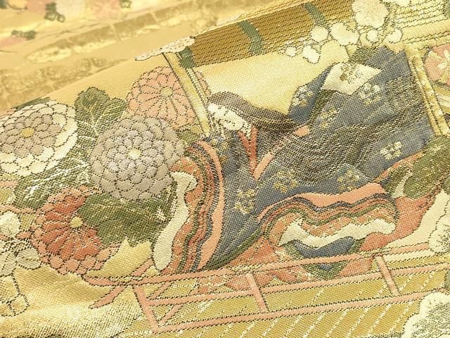 平和屋本店▼西陣　岡文織物謹製　本金箔　全通丸帯　平安絵巻集成　証紙付き　正絹　逸品　DABK4839az