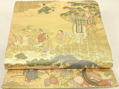 平和屋本店▼西陣　岡文織物謹製　本金箔　全通丸帯　平安絵巻集成　証紙付き　正絹　逸品　DABK4839az