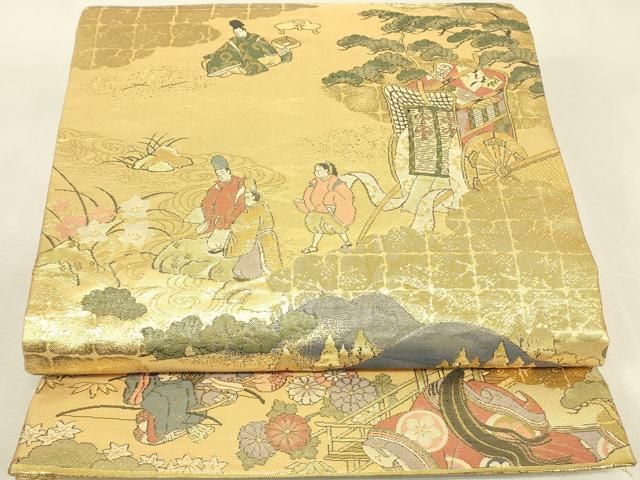 平和屋本店▼西陣　岡文織物謹製　本金箔　全通丸帯　平安絵巻集成　証紙付き　正絹　逸品　DABK4839az