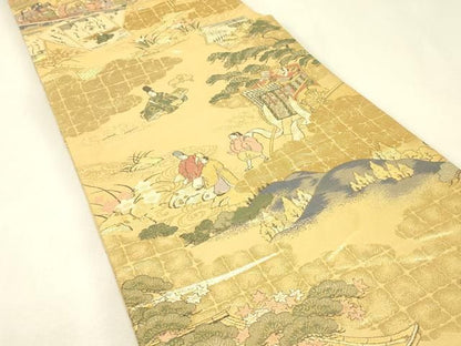 平和屋本店▼西陣　岡文織物謹製　本金箔　全通丸帯　平安絵巻集成　証紙付き　正絹　逸品　DABK4839az