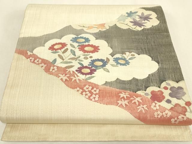 平和屋着物▼太鼓柄袋帯　雲取り花文　すくい織　金糸　正絹　逸品　DABK4871az