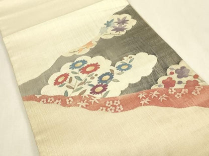 平和屋着物▼太鼓柄袋帯　雲取り花文　すくい織　金糸　正絹　逸品　DABK4871az