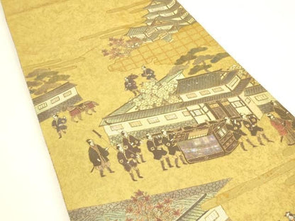 平和屋本店▼太鼓柄袋帯　作家物　手織　本金ラデン貼絵箔　人物風景文　金彩　正絹　逸品　DABK4877az