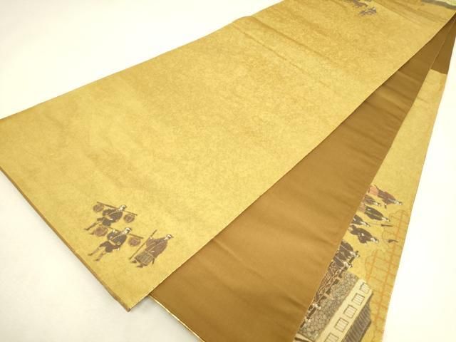 平和屋本店▼太鼓柄袋帯　作家物　手織　本金ラデン貼絵箔　人物風景文　金彩　正絹　逸品　DABK4877az