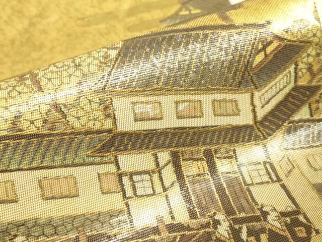 平和屋本店▼太鼓柄袋帯　作家物　手織　本金ラデン貼絵箔　人物風景文　金彩　正絹　逸品　DABK4877az