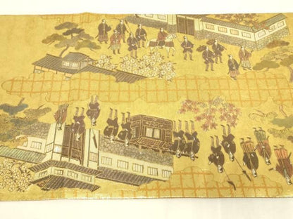 平和屋本店▼太鼓柄袋帯　作家物　手織　本金ラデン貼絵箔　人物風景文　金彩　正絹　逸品　DABK4877az